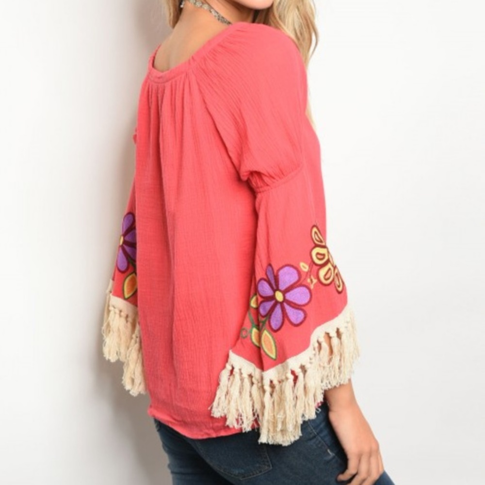 Boho Womens Coral Embroidered floral print fringe detailed blouse Top - Picture 7 of 9